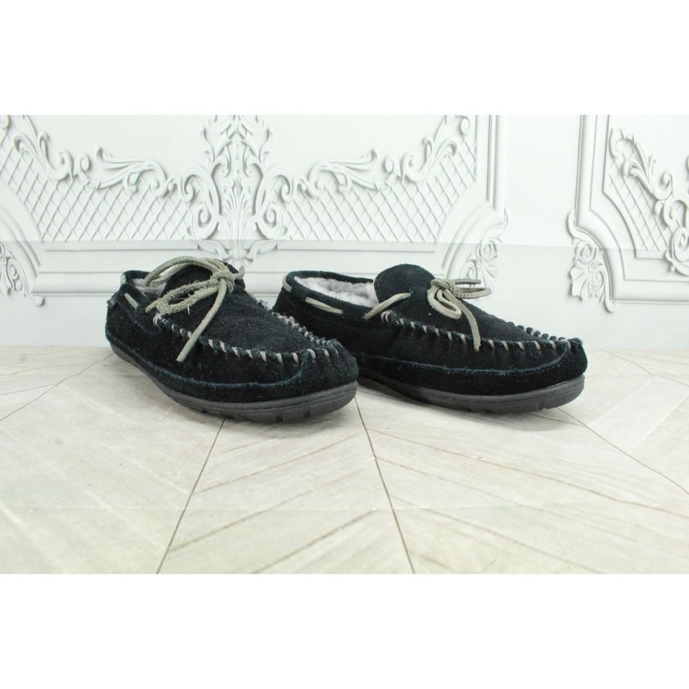 LL Bean Black Suede Shearling Lined Wicked Good Moccasins Slippers 9 M - Picture 3 of 8